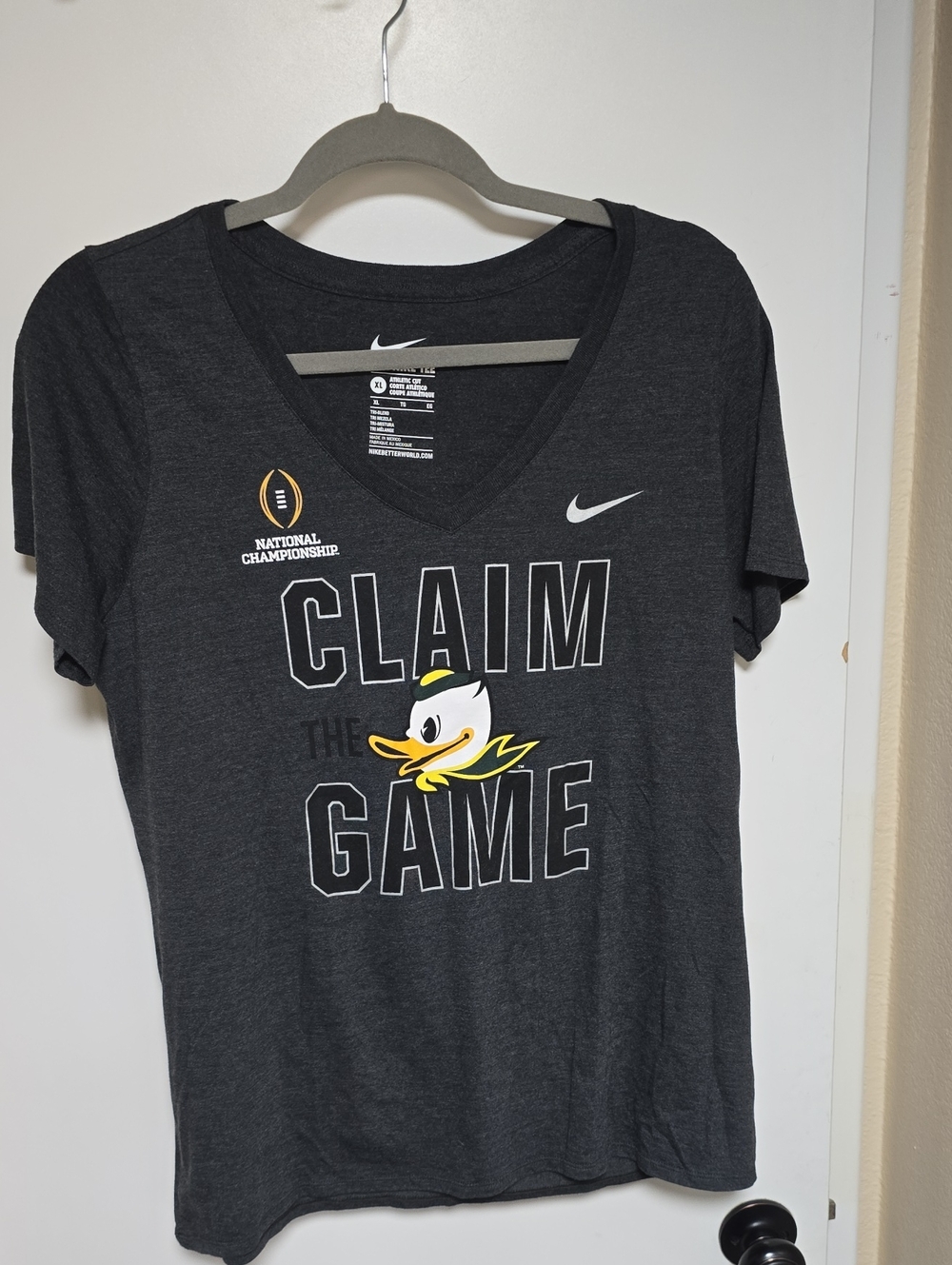 Nike Charcoal V‑Neck 'Claim The Game' Oregon Ducks Tee with Yellow Duck Logo